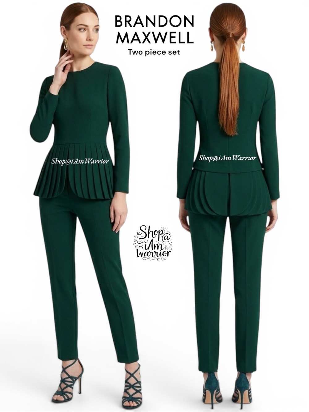 Brandon Maxwell FW17 Forest Green Pleated Crepe Peplum Top & Cigarette Pant Set